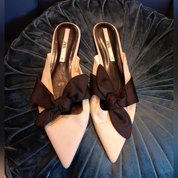 Zara Women's Black and Cream Bow Mules Size 39 Usa 8 - Picture 1 of 5